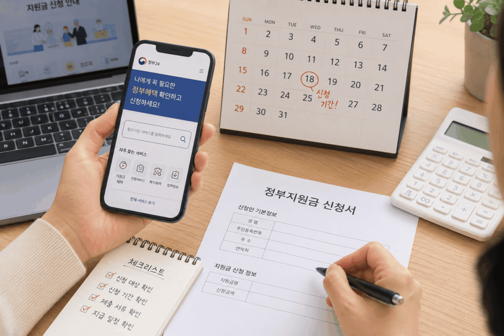 정부지원금 신청 대상과 신청기간을 확인하는 모습