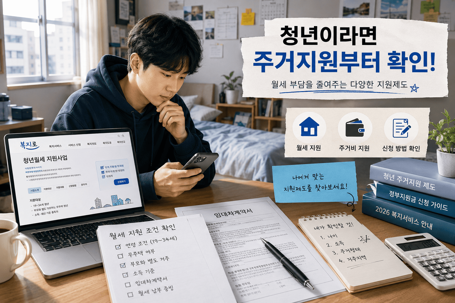 청년 월세와 주거지원 조건을 확인하는 모습