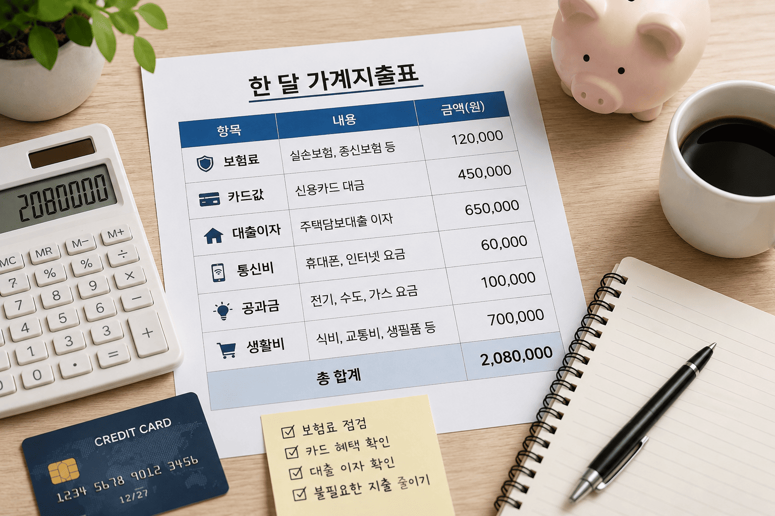 보험 카드 대출 등 생활금융 고정비를 정리한 가계지출표