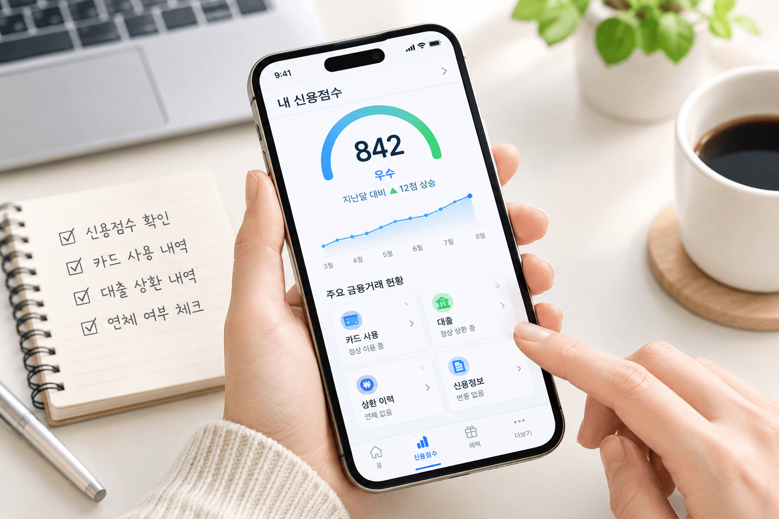 신용점수 변화와 카드 대출 이용기록을 확인하는 모습