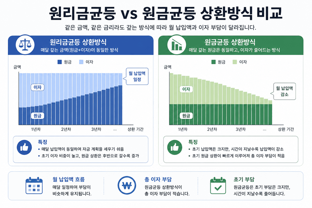 원리금균등과 원금균등 상환방식의 월 납입액 차이