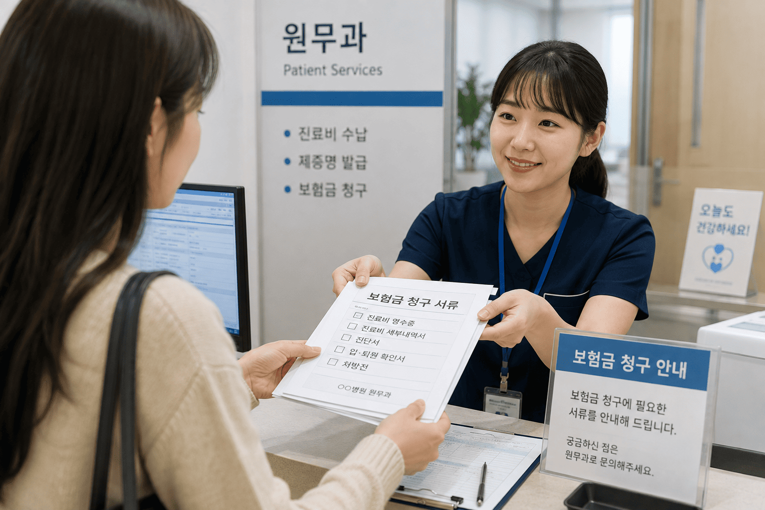 보험금 청구를 위해 병원에서 필요한 서류를 준비하는 모습