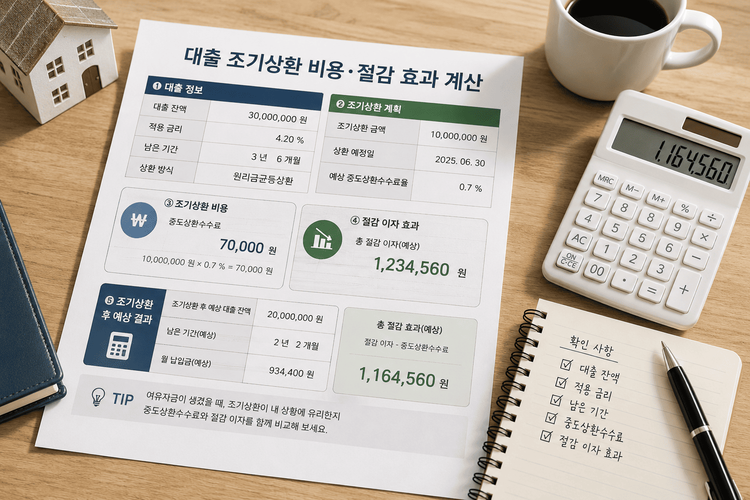 대출 조기상환 전 중도상환 비용과 절감이자를 비교하는 모습