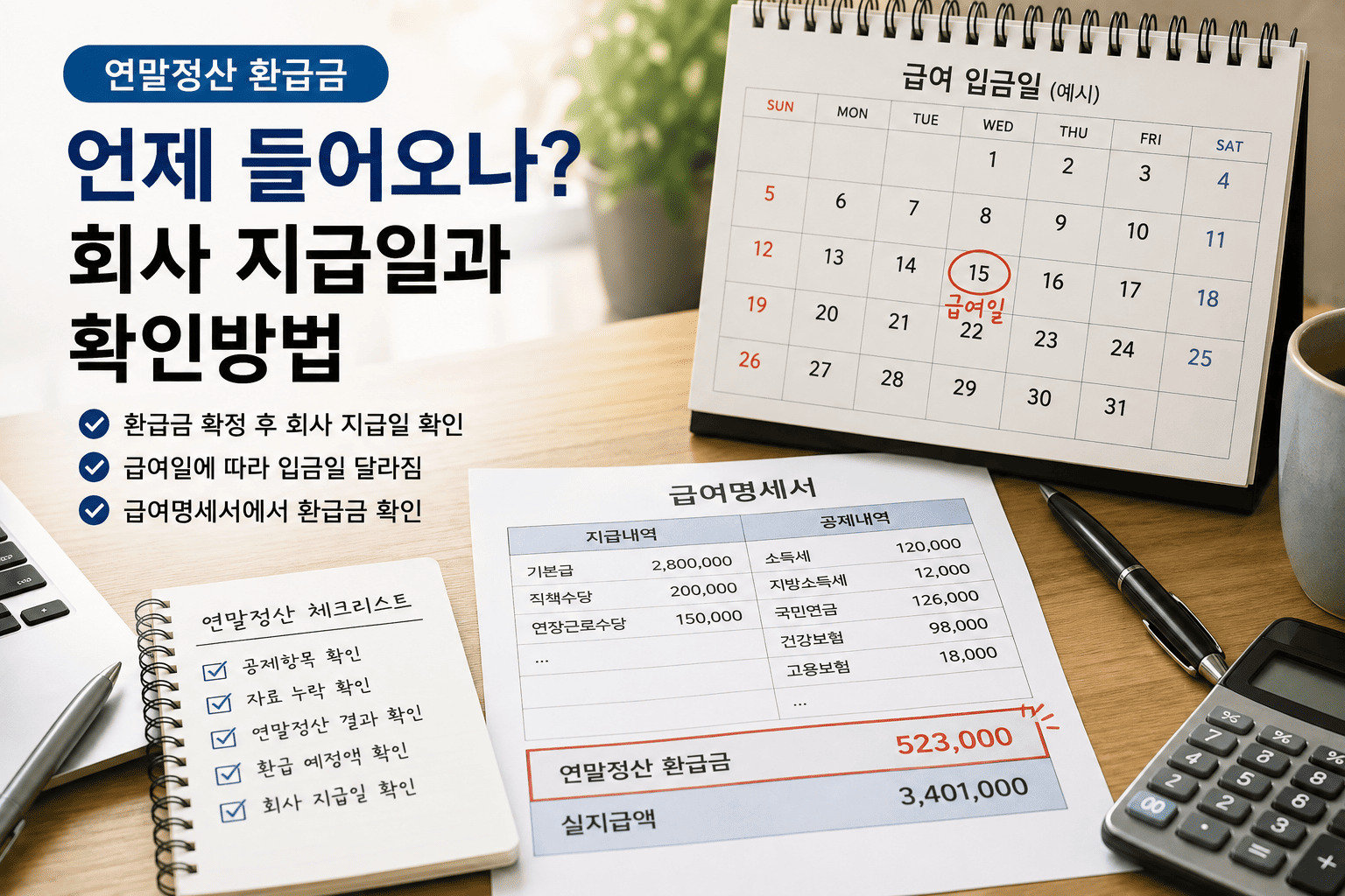 연말정산 환급금과 회사 지급일을 확인하는 모습
