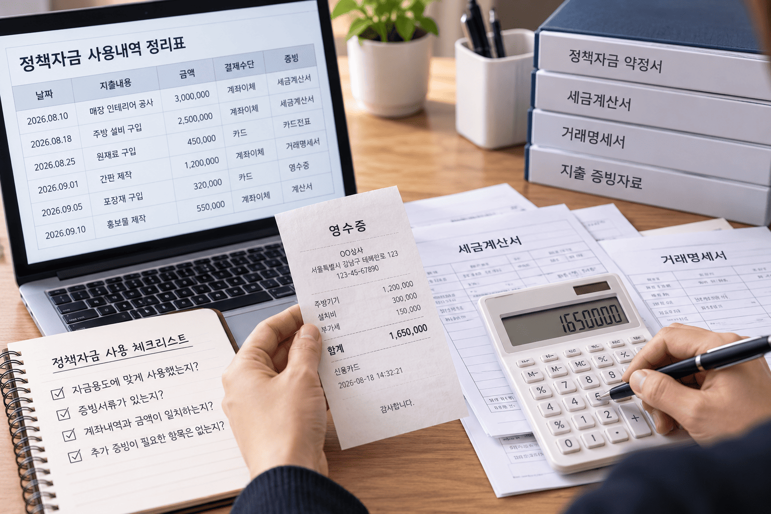 정책자금 자금용도 확인을 위해 계좌내역과 증빙서류를 정리하는 모습
