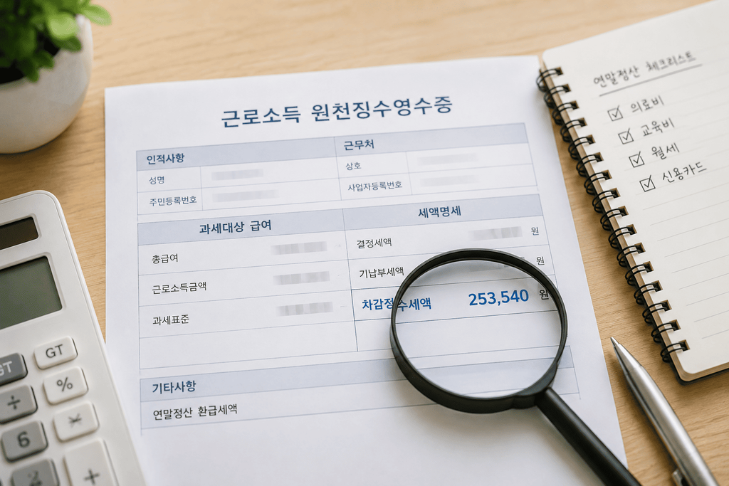 연말정산 원천징수영수증에서 환급금액을 확인하는 모습