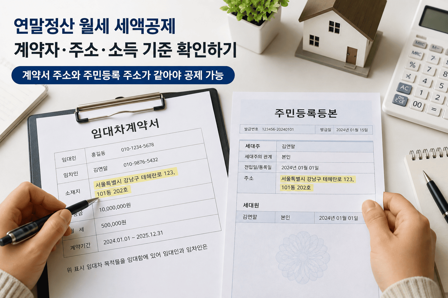 연말정산 월세 세액공제 신청 전 임대차계약서와 주민등록 주소를 비교하는 모습