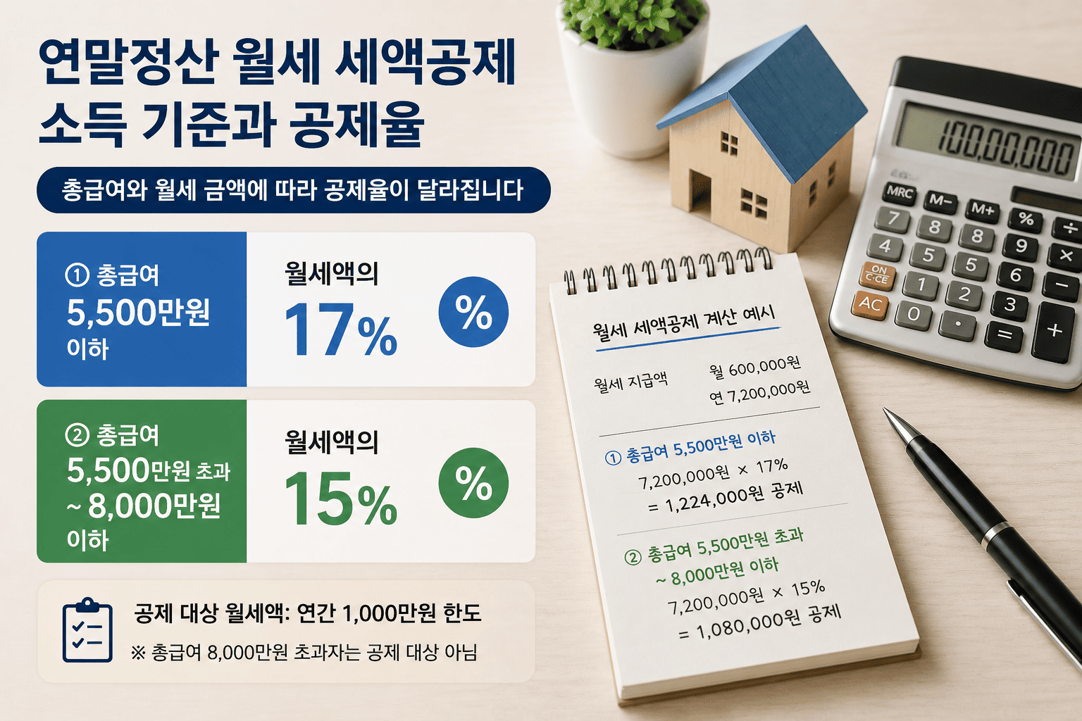 연말정산 월세 세액공제 소득 기준과 공제율을 계산하는 모습