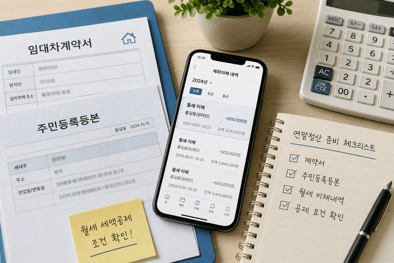  월세 세액공제를 위해 계약서와 계좌이체 내역을 준비한 모습
