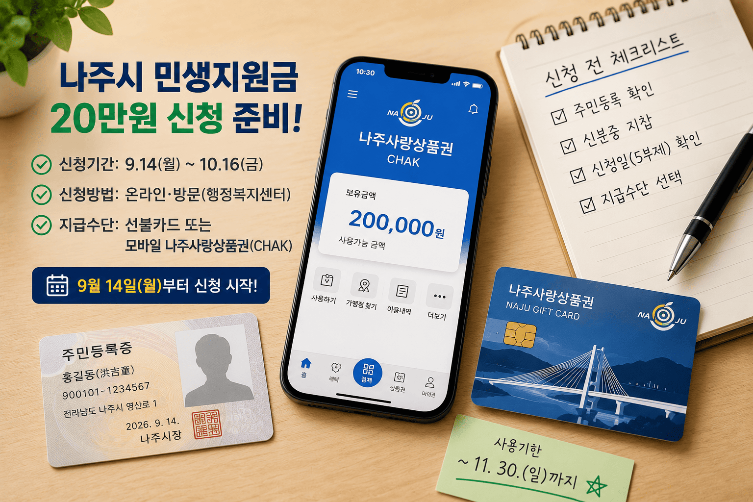 나주시 민생지원금 신청을 위해 휴대폰과 신분증 선불카드를 준비한 모습