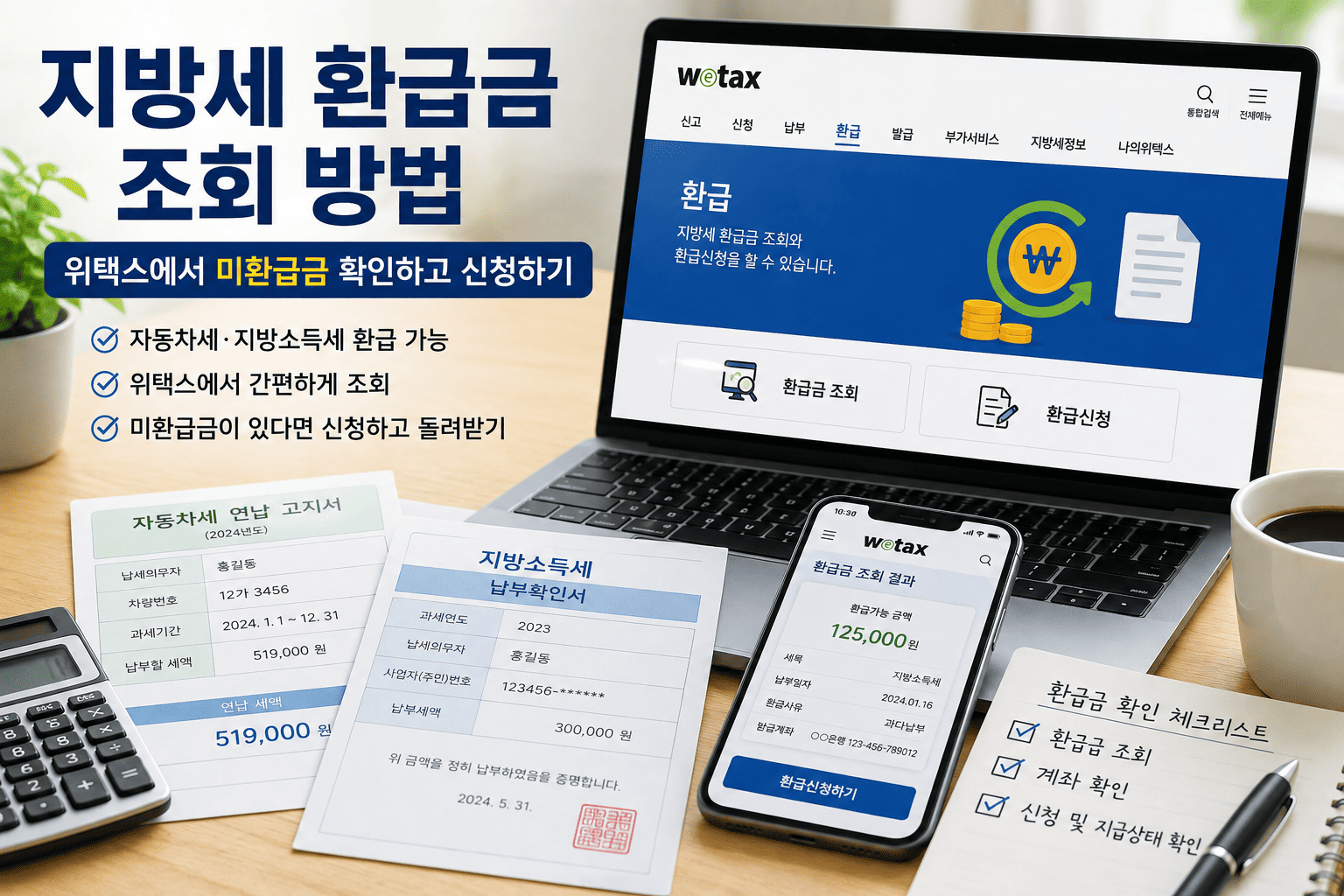 위택스에서 지방세 환급금 조회 전 자동차세와 지방소득세 납부내역을 확인하는 모습