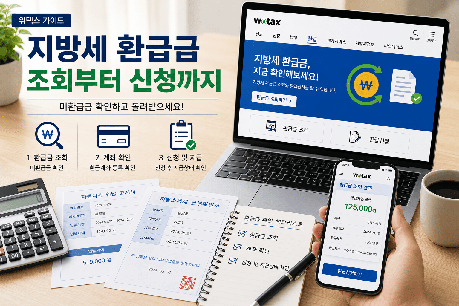  위택스 지방세 환급금과 계좌 지급상태를 확인하고 세금자료를 정리하는 모습
