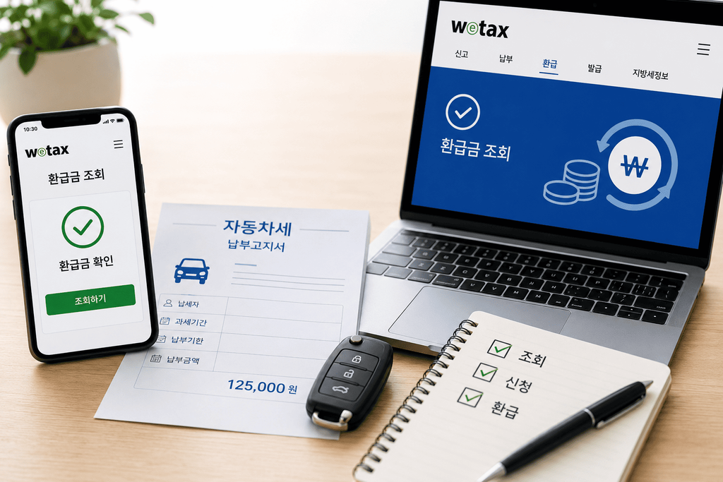 위택스에서 자동차세와 지방소득세 환급금을 확인하는 모습