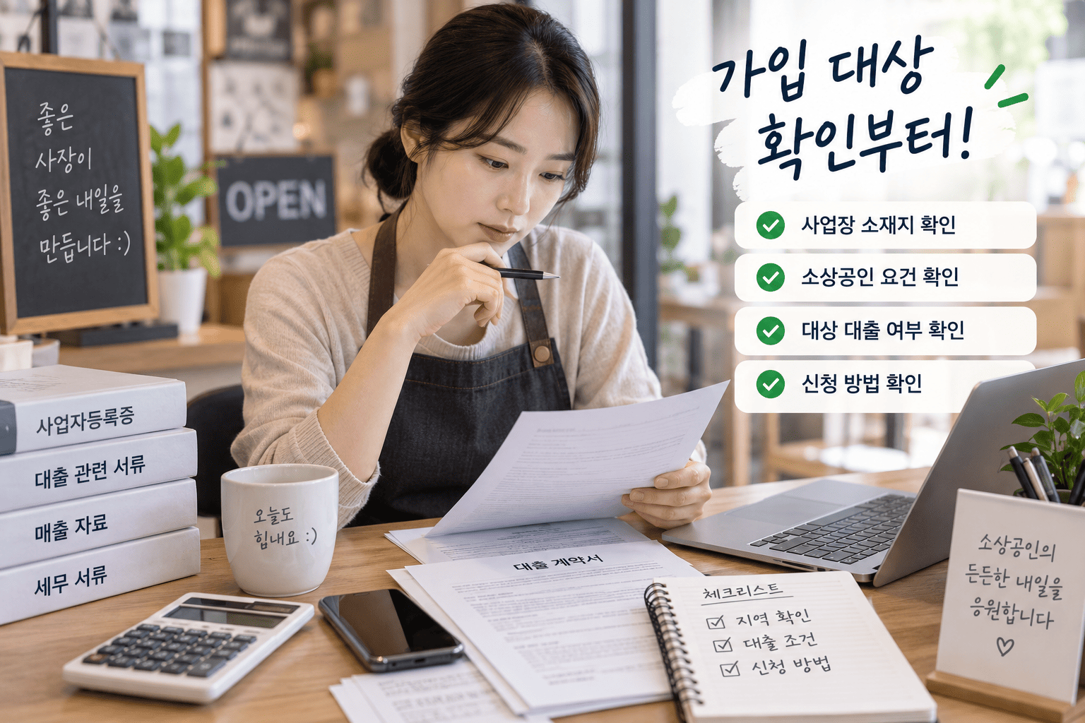 소상공인 무료 상생보험 가입 전 사업장과 대출 조건을 확인하는 모습