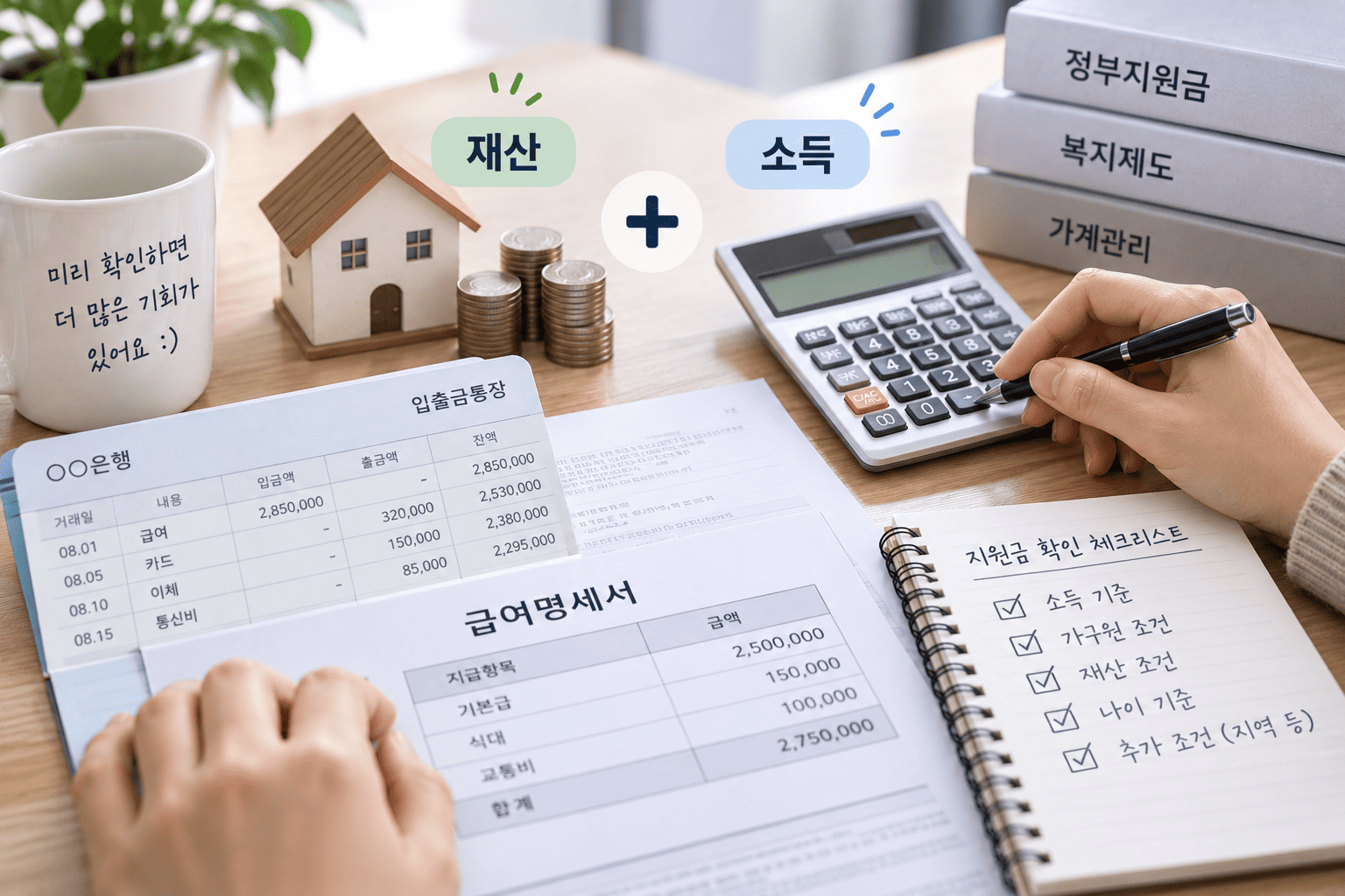 정부지원금 대상 확인을 위해 소득과 재산 기준을 함께 살펴보는 모습