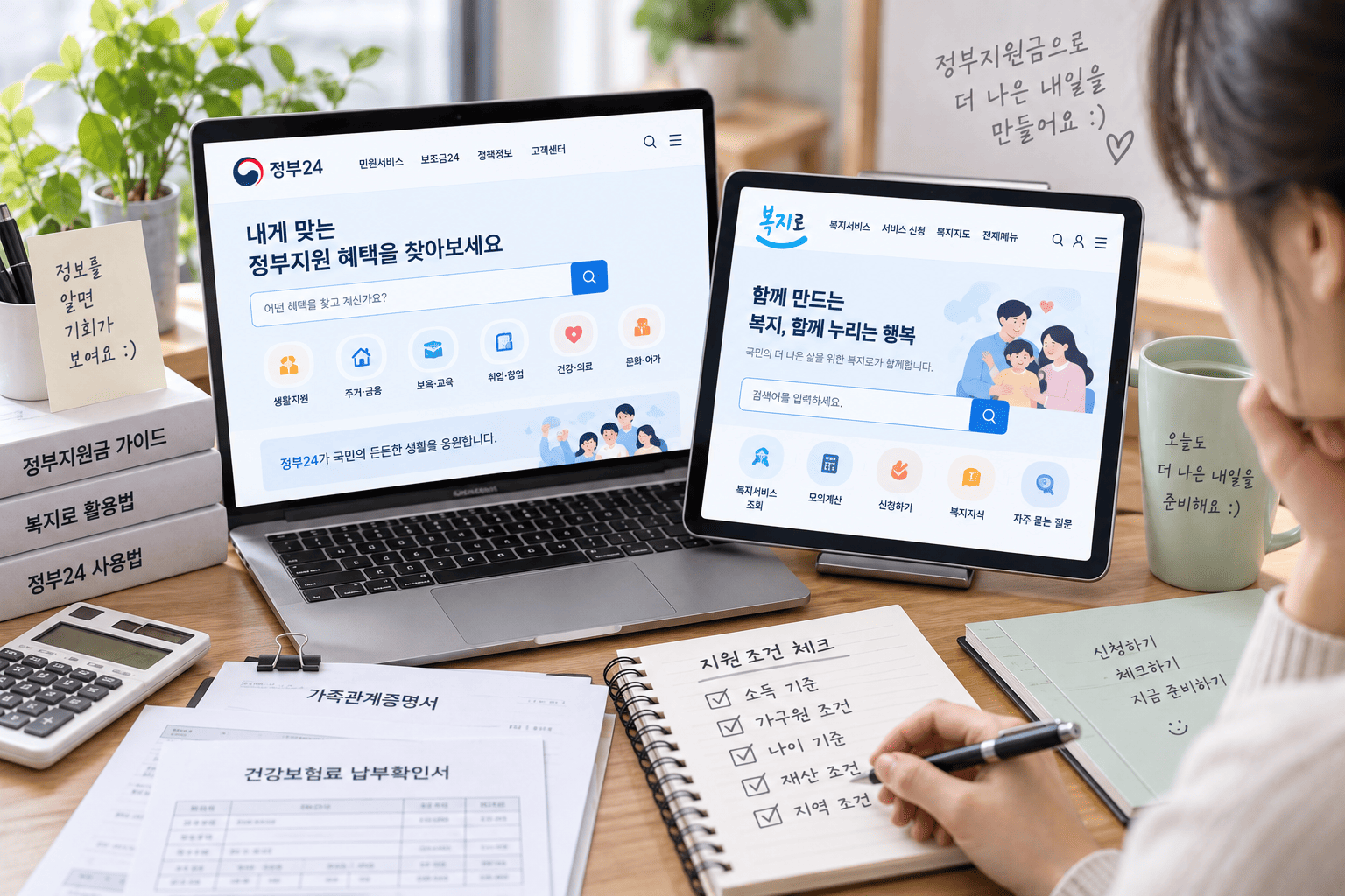 정부지원금 대상 조건을 여러 공식 사이트에서 비교해 확인하는 모습