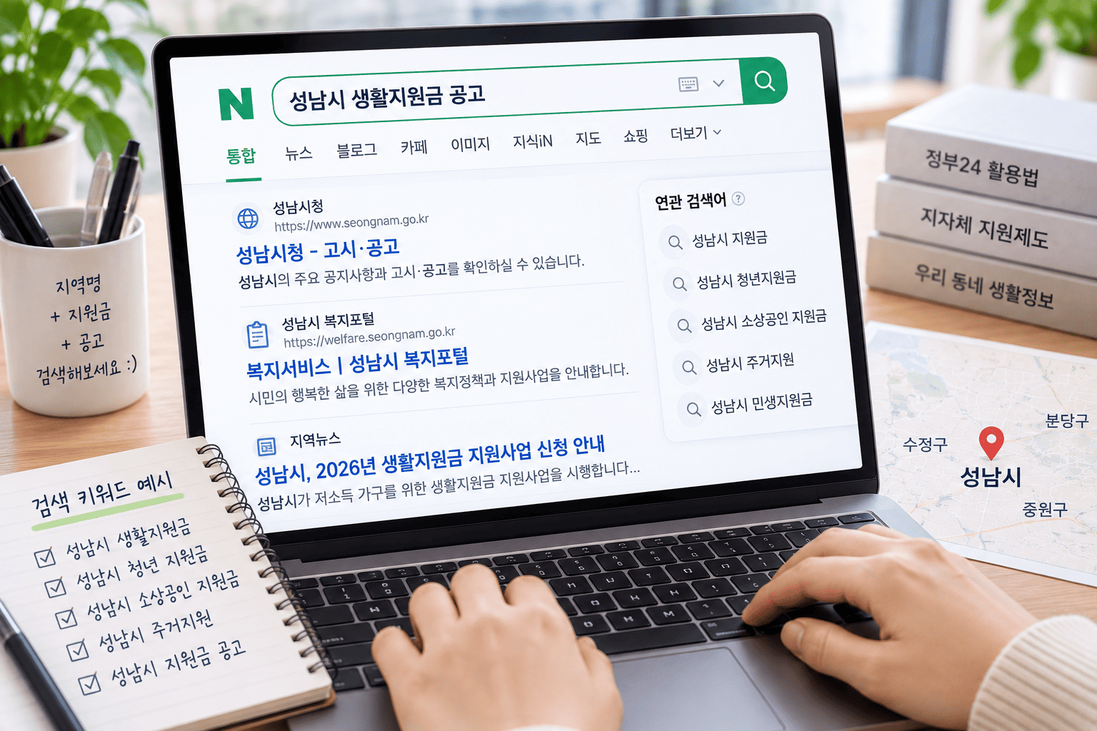우리 동네 지원금을 찾기 위해 지역명과 지원금 공고를 검색하는 모습