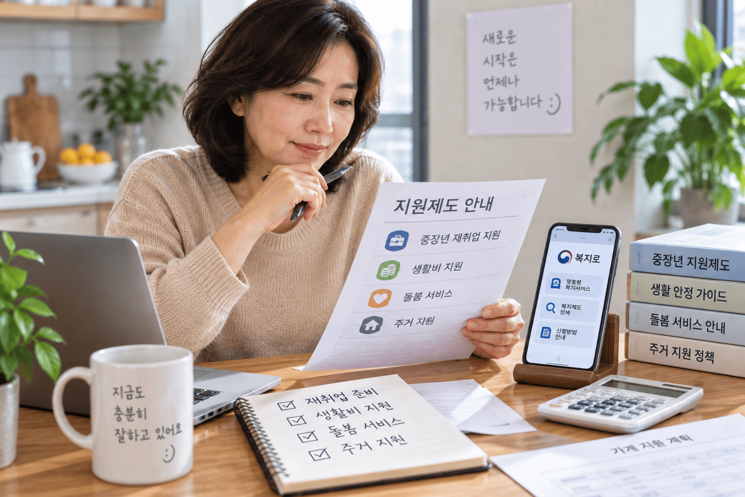 50대 중장년이 생활지원과 일상돌봄 서비스 조건을 확인하는 모습