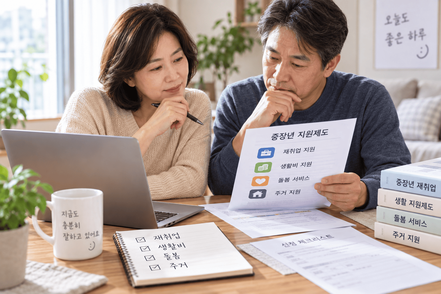  50대가 재취업 생활비 돌봄 지원제도를 나눠 확인하는 모습