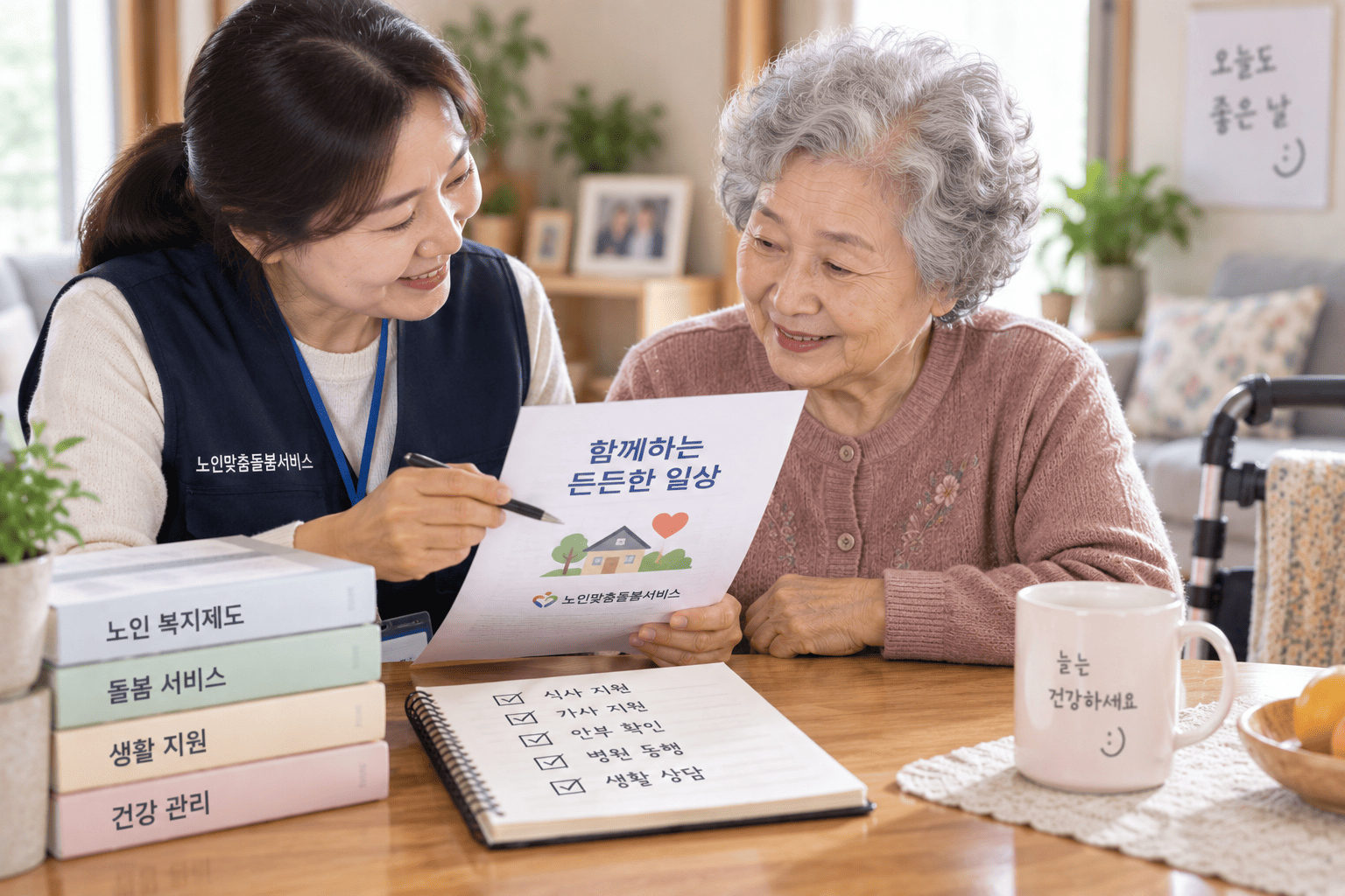 65세 이상 노인맞춤돌봄서비스와 생활지원을 확인하는 모습