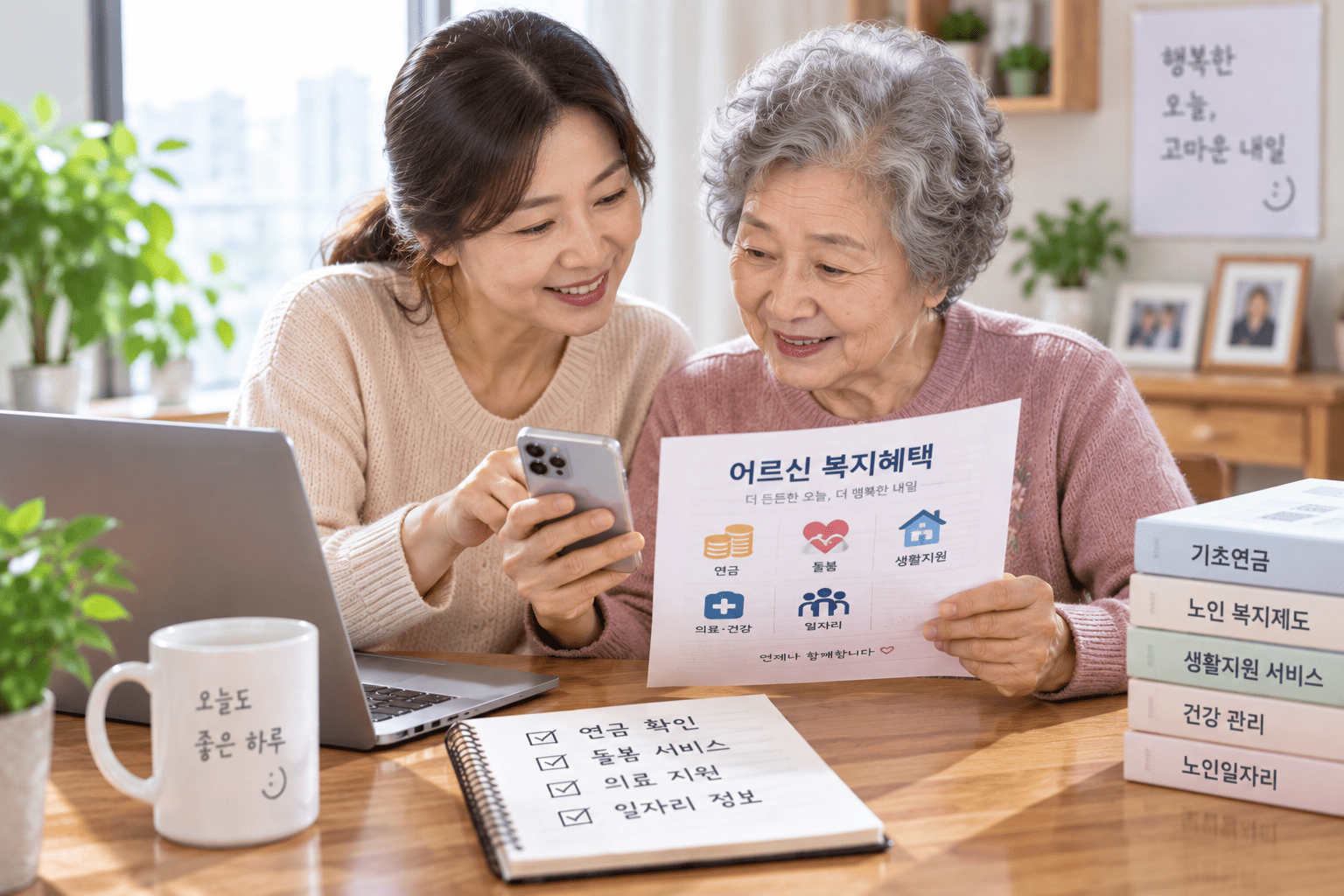 65세 이상 부모님의 연금 돌봄 생활지원 복지혜택을 가족이 함께 확인하는 모습