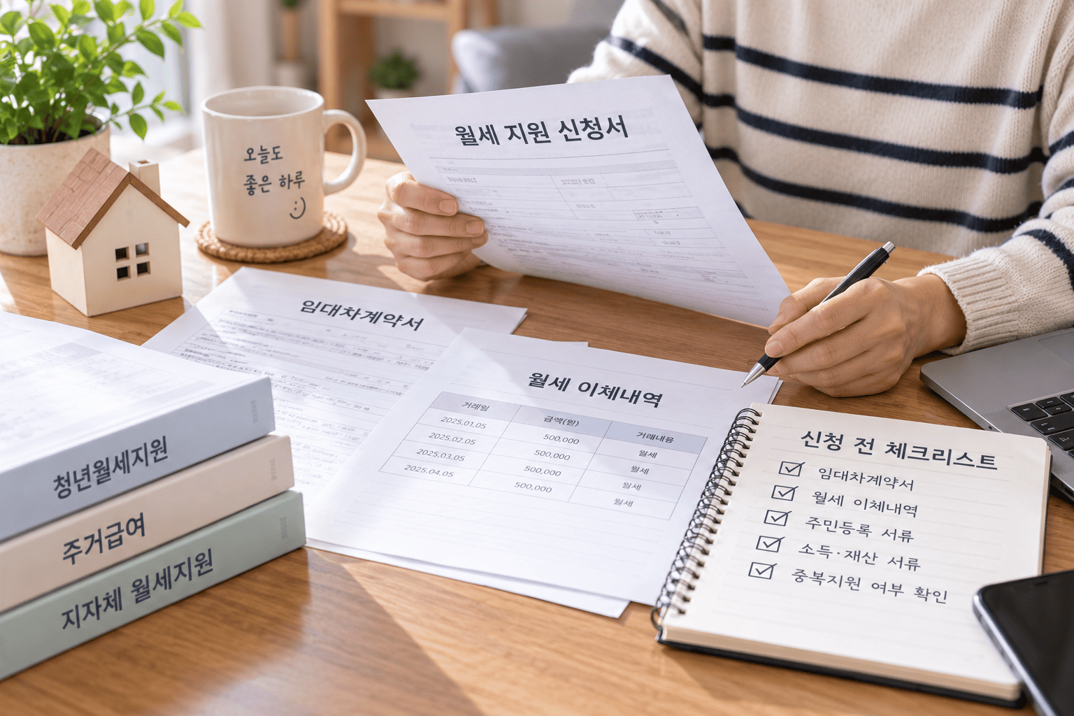 월세 지원 신청 전 중복지원과 제출서류를 확인하는 모습