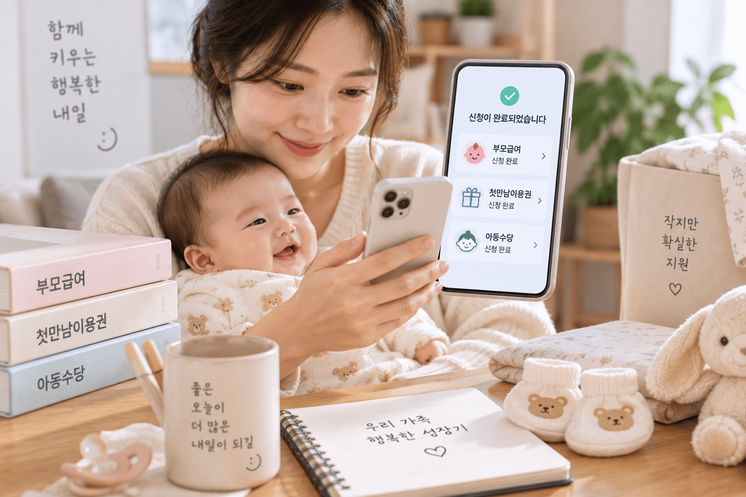 출산 후 첫만남이용권과 부모급여 신청상태를 확인하는 모습