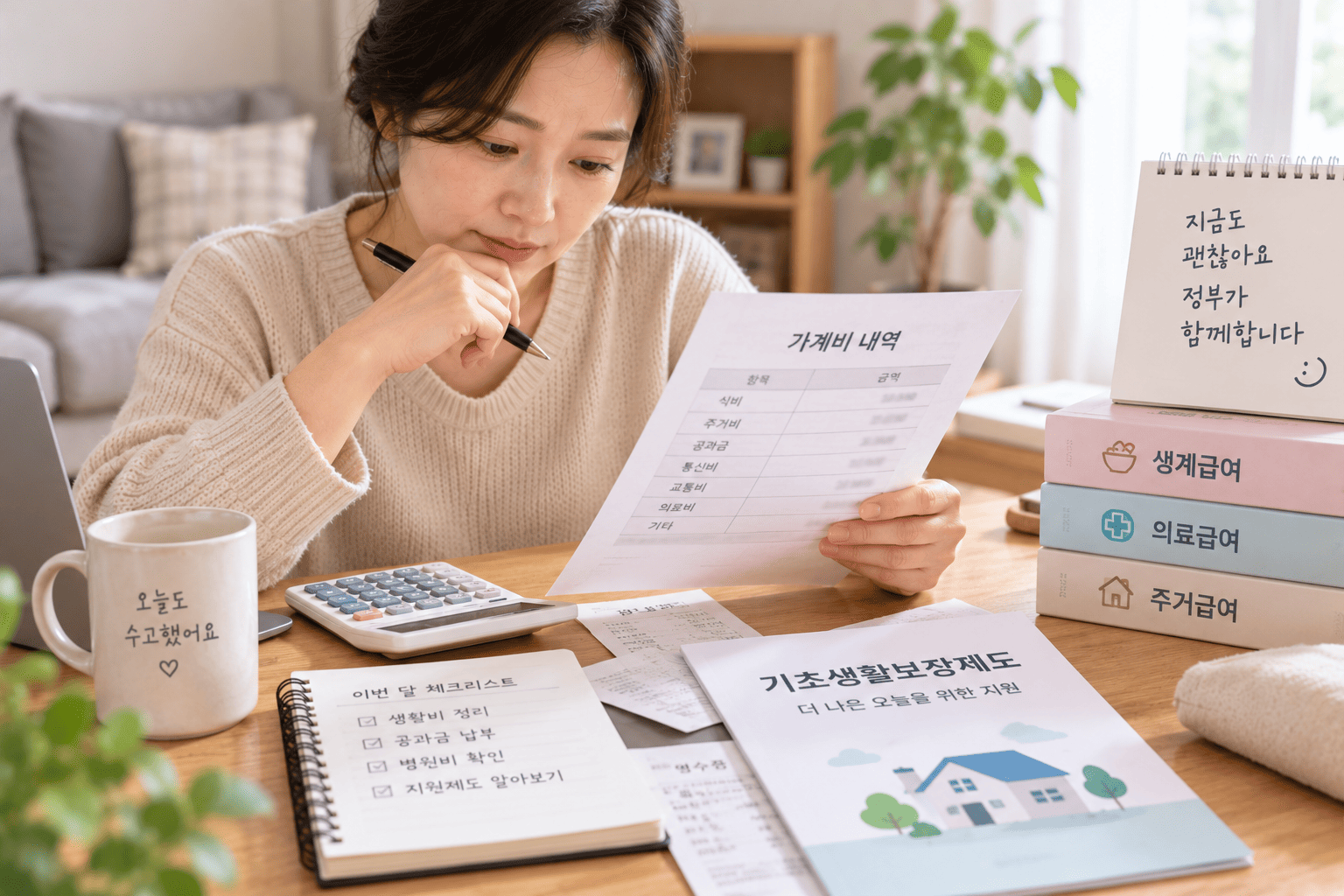 저소득층 생계급여 소득기준과 생활비 지원을 확인하는 모습