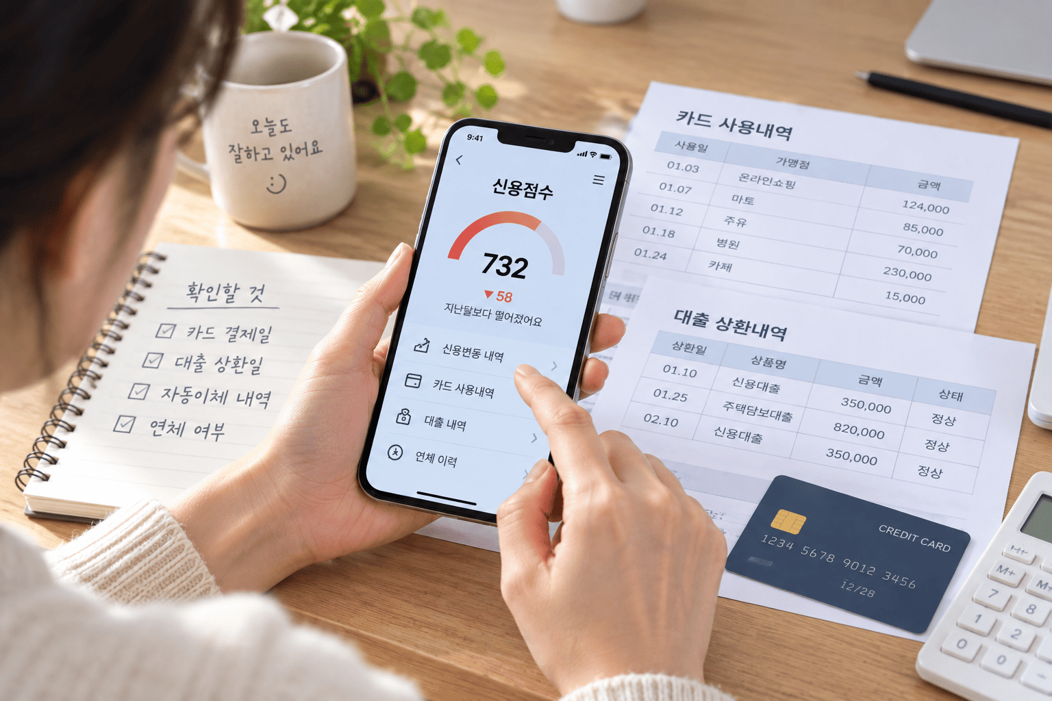 신용점수 갑자기 떨어진 이유를 카드 연체와 대출 상환내역에서 확인하는 모습