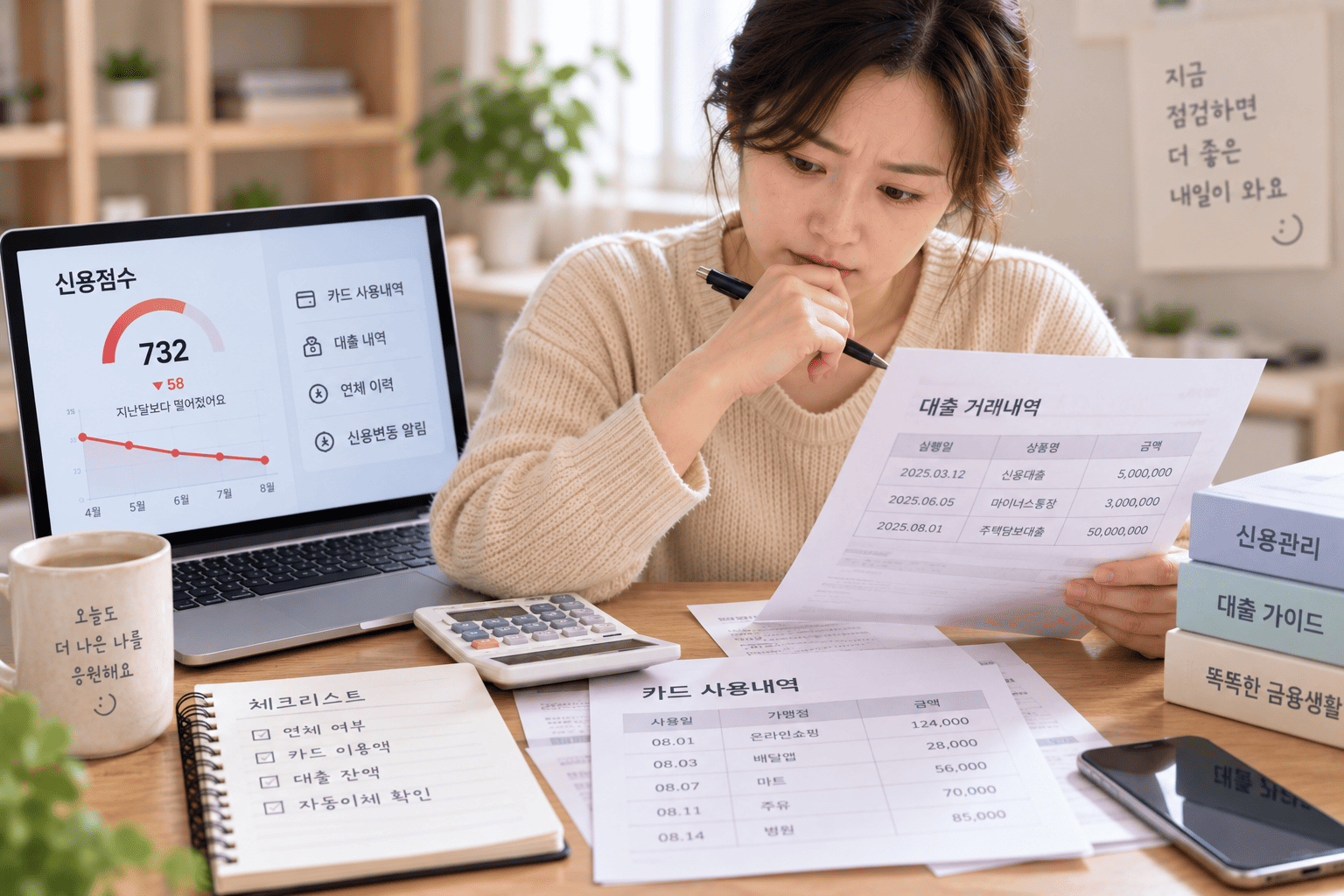 신용점수 하락과 신규대출 및 부채 증가 여부를 확인하는 모습