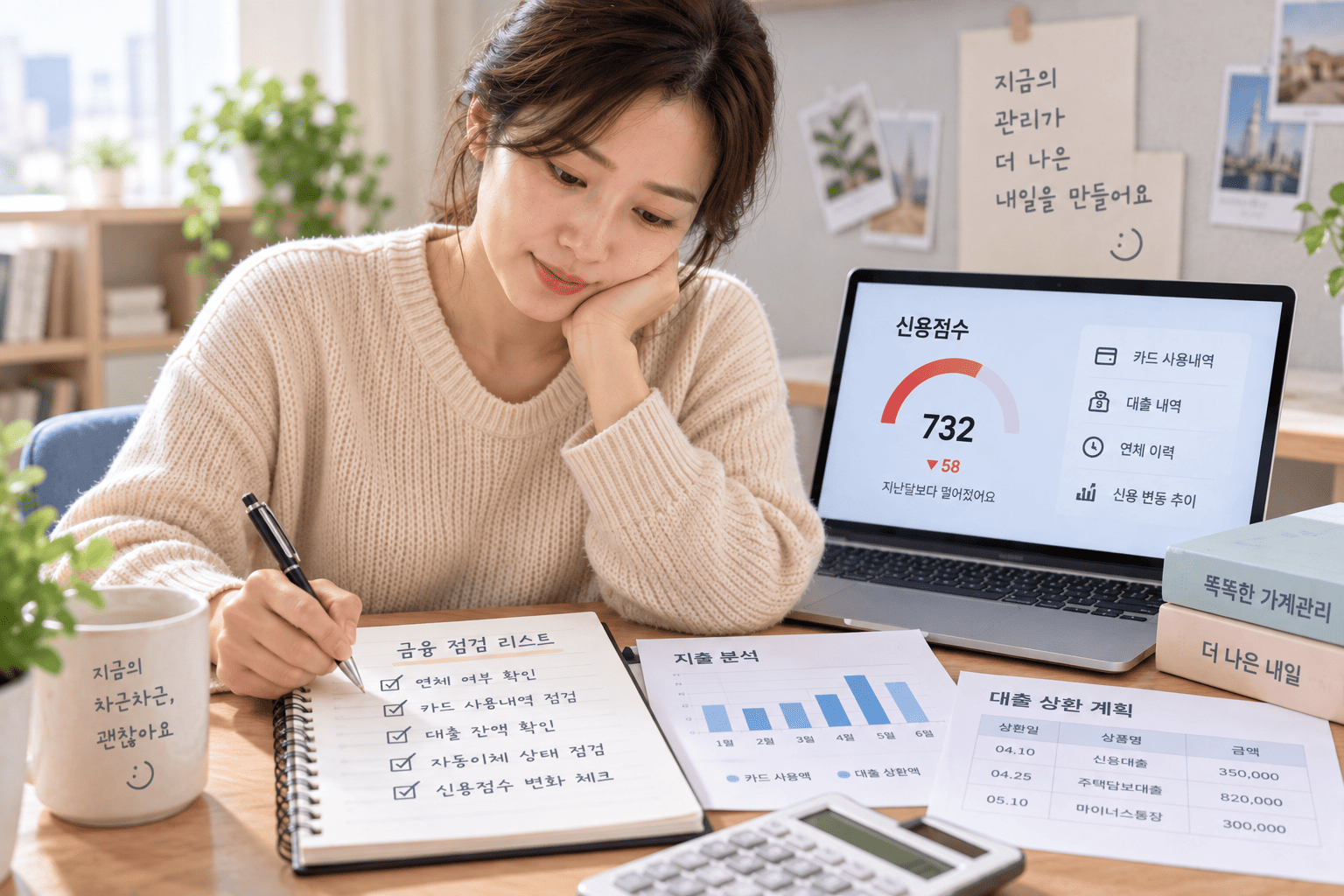 신용점수 하락 원인을 확인하고 카드와 대출 상환계획을 정리하는 모습