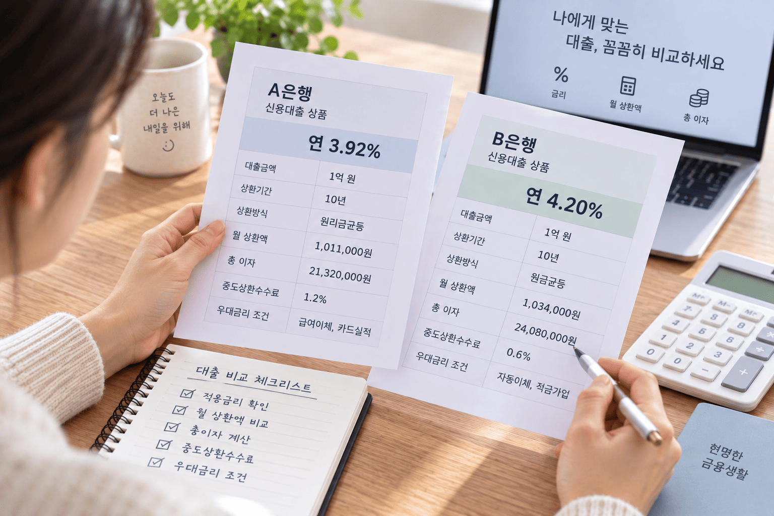 대출 금리 비교할 때 실제 적용금리와 월 상환액을 확인하는 모습