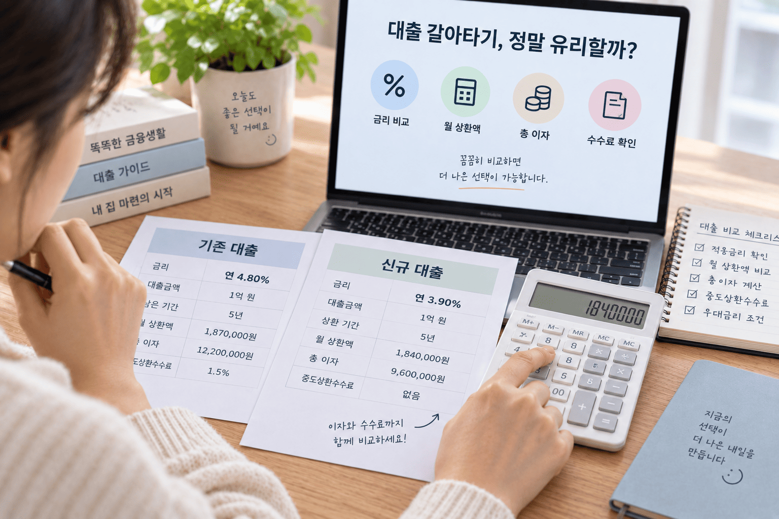 대출 갈아타기 전 금리차이와 중도상환수수료를 비교하는 모습