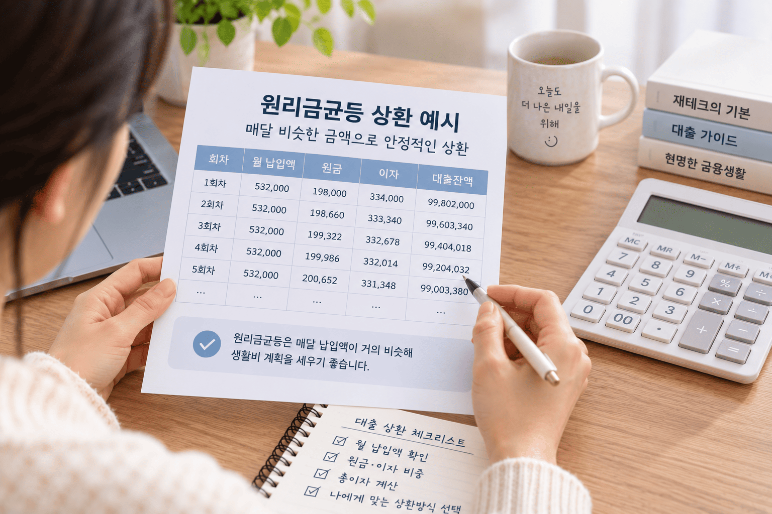 원리금균등상환 월 납입액과 원금 이자 비중을 확인하는 모습