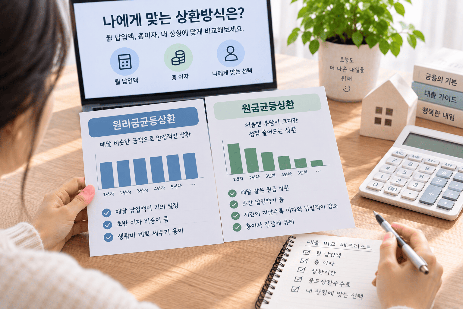 원리금균등 원금균등 월 납입액 변화를 비교하는 모습