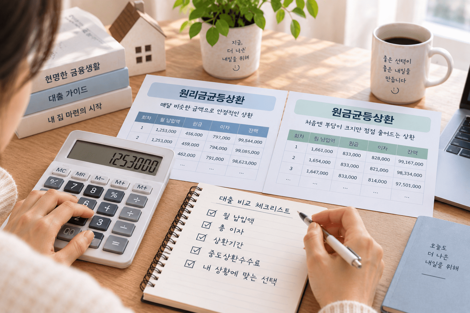 원리금균등 원금균등 상환표와 총이자를 비교하는 모습