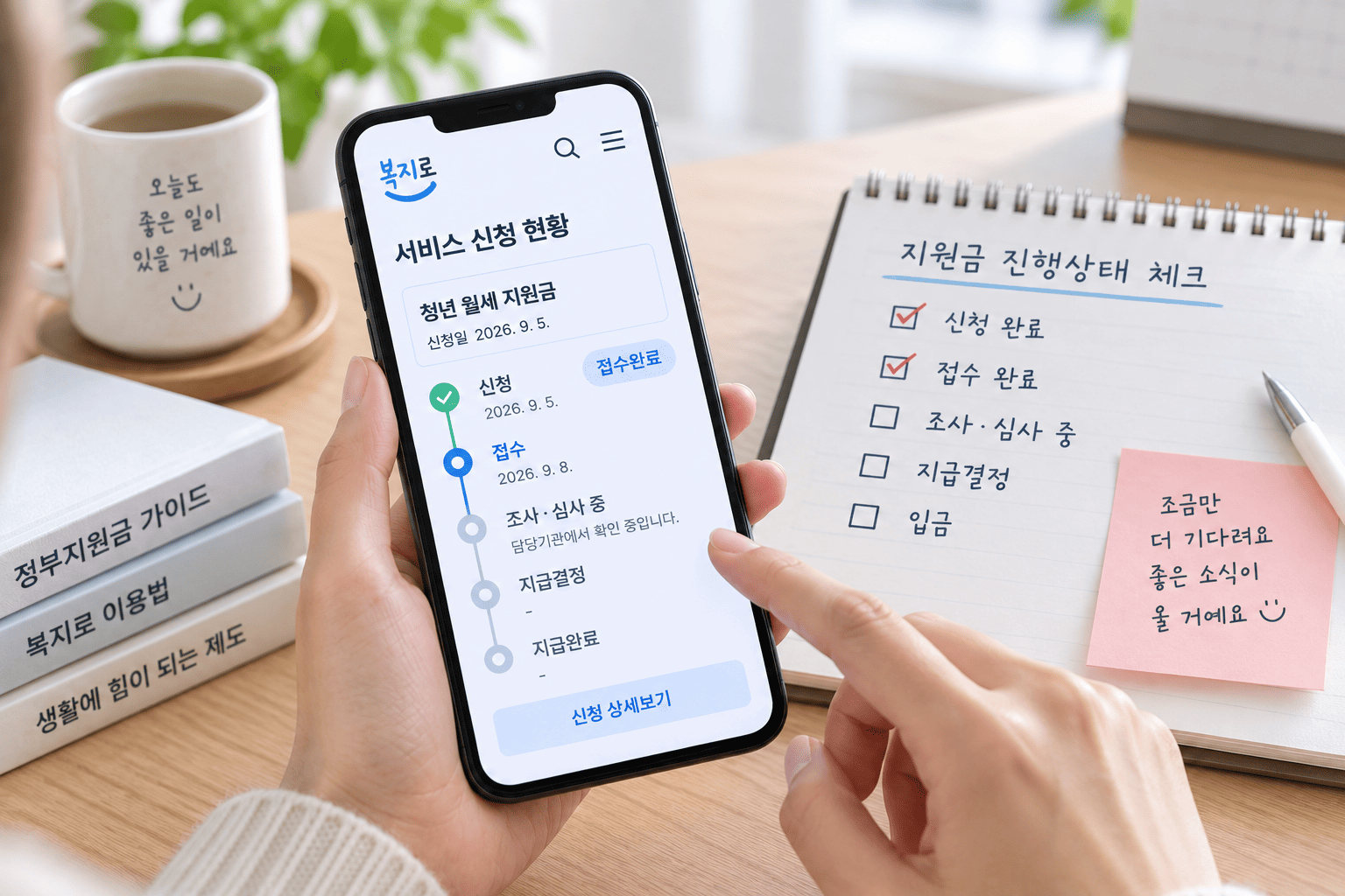 지원금 신청 후 접수완료와 처리상태를 확인하는 모습