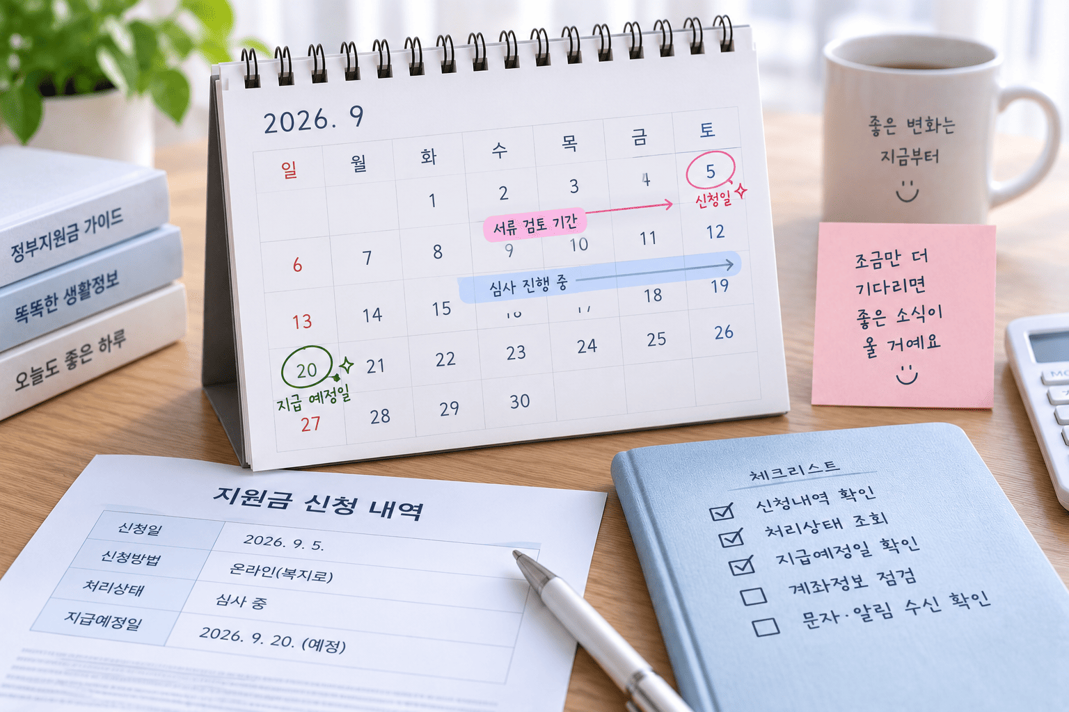 지원금 신청일과 심사기간 지급일 차이를 달력에서 확인하는 모습