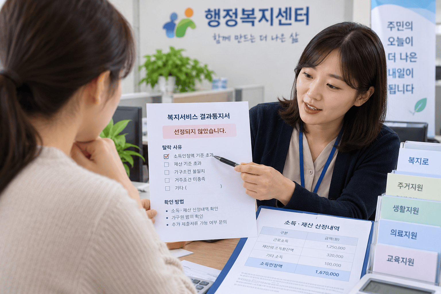 복지혜택 탈락 후 소득 재산 가구조건 산정내역을 상담하는 모습