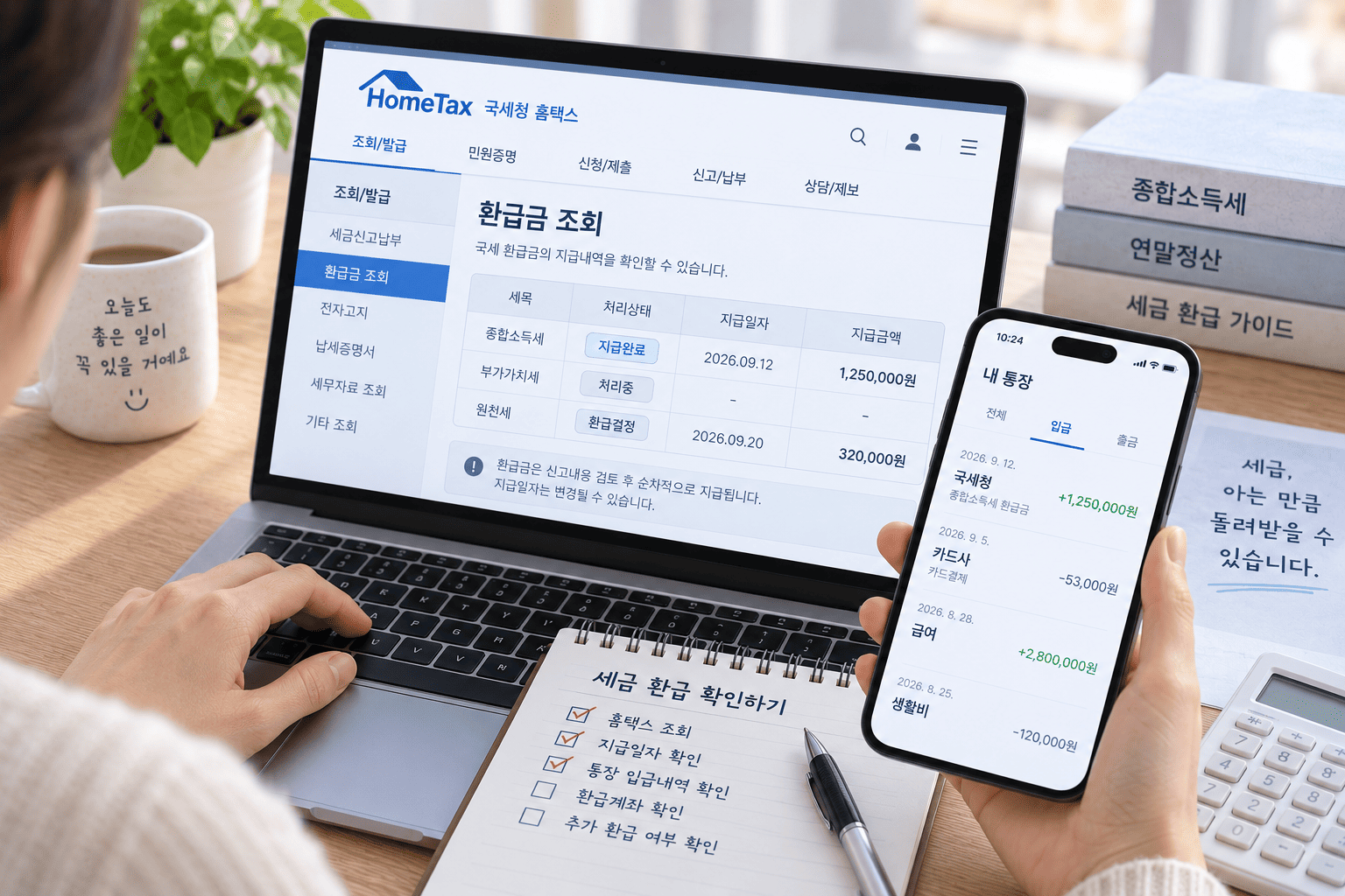 세금 환급금 입금됐는지 홈택스에서 지급내역을 확인하는 모습
