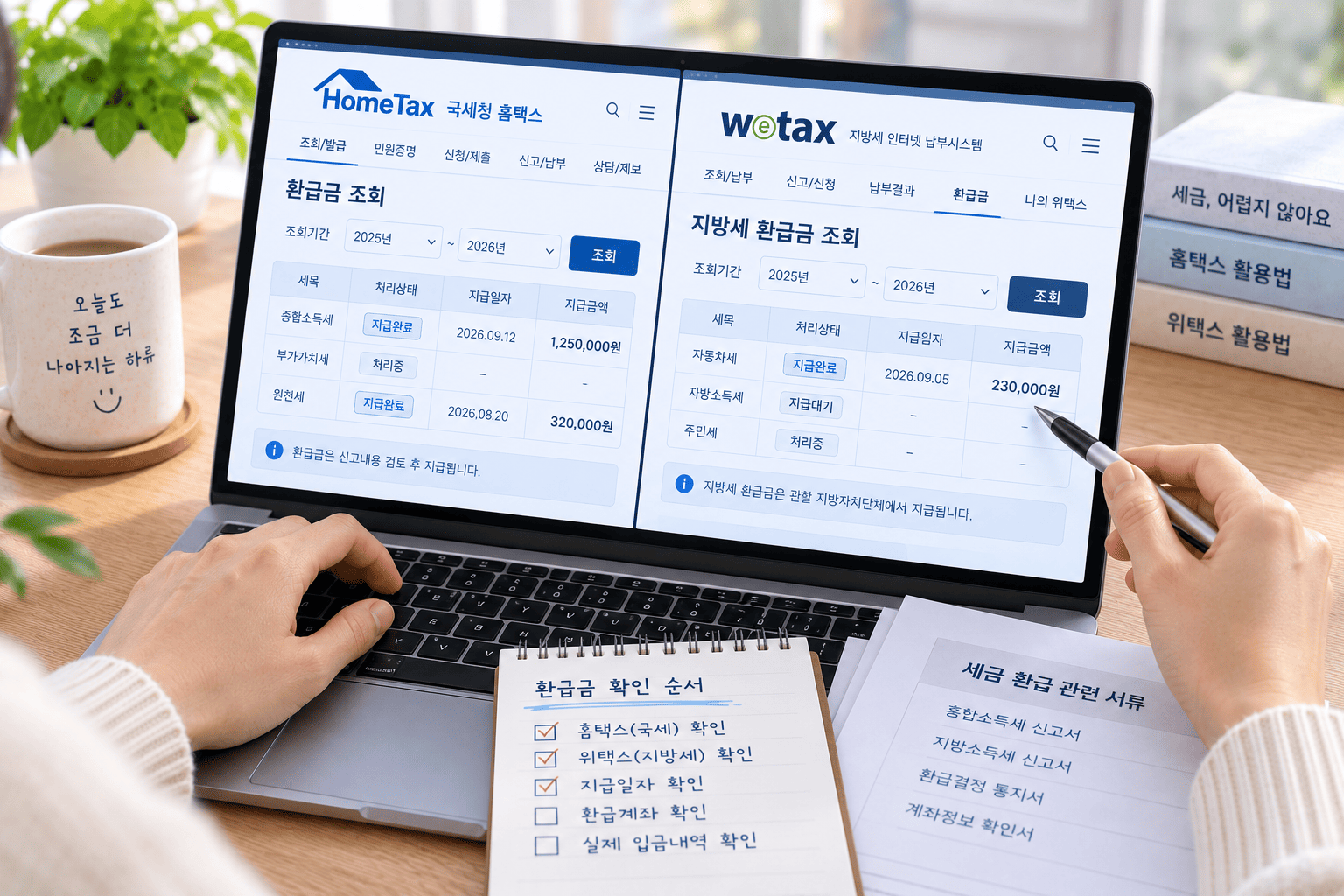 국세와 지방세 환급금 지급내역을 홈택스 위택스에서 비교하는 모습