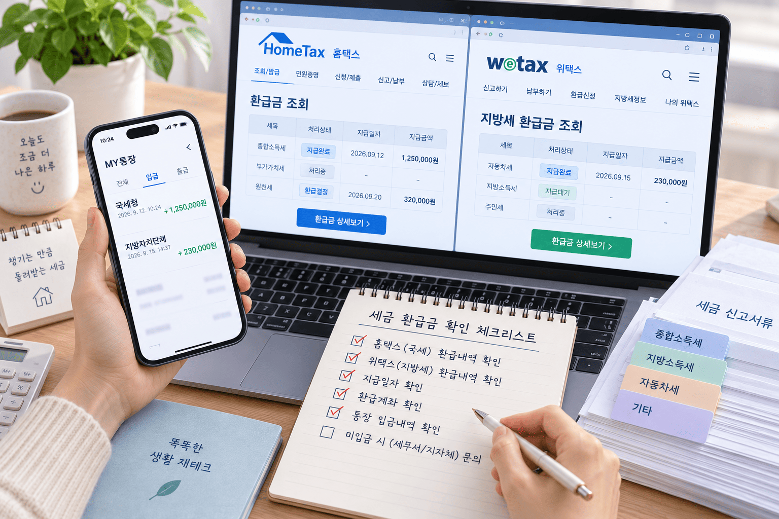 세금 환급금 지급내역과 실제 통장 입금을 대조해 확인하는 모습