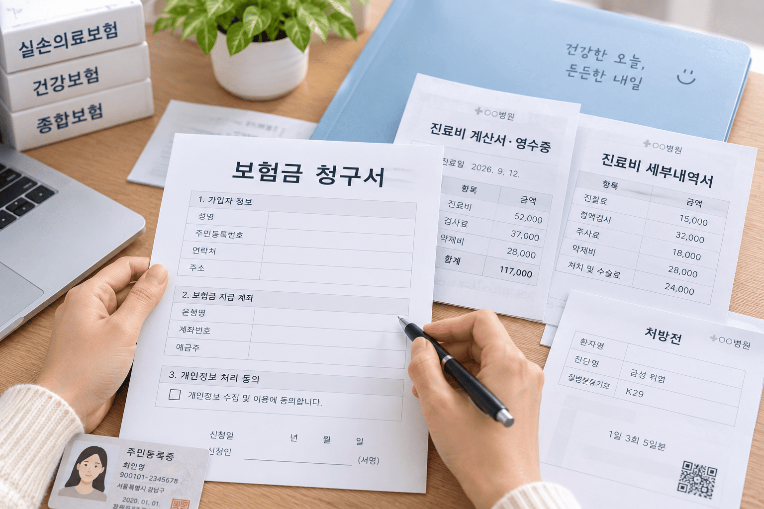 보험금 청구할 때 필요한 기본 서류와 신분증을 확인하는 모습
