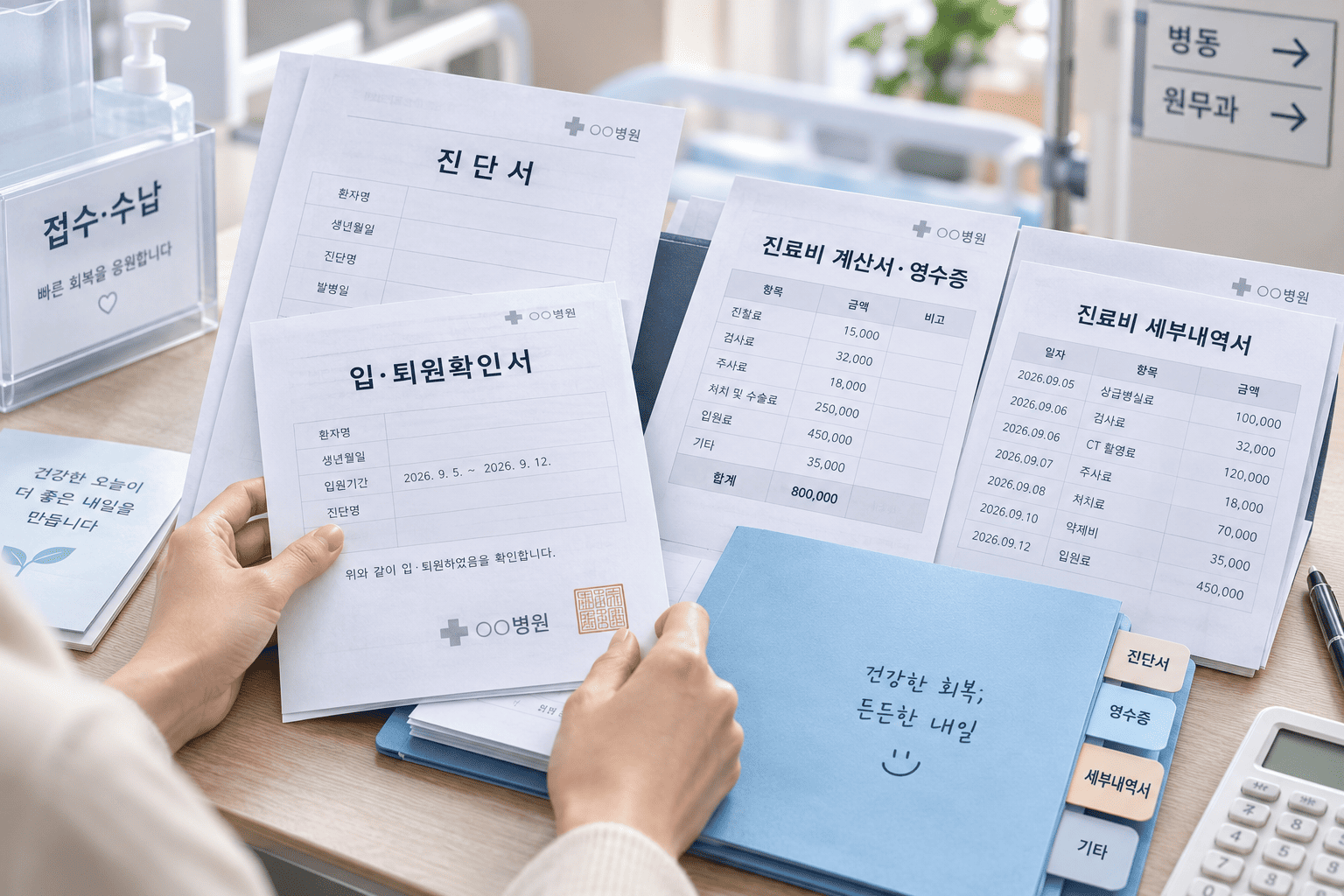 입원 보험금 청구에 필요한 진단서 영수증 세부내역서를 확인하는 모습