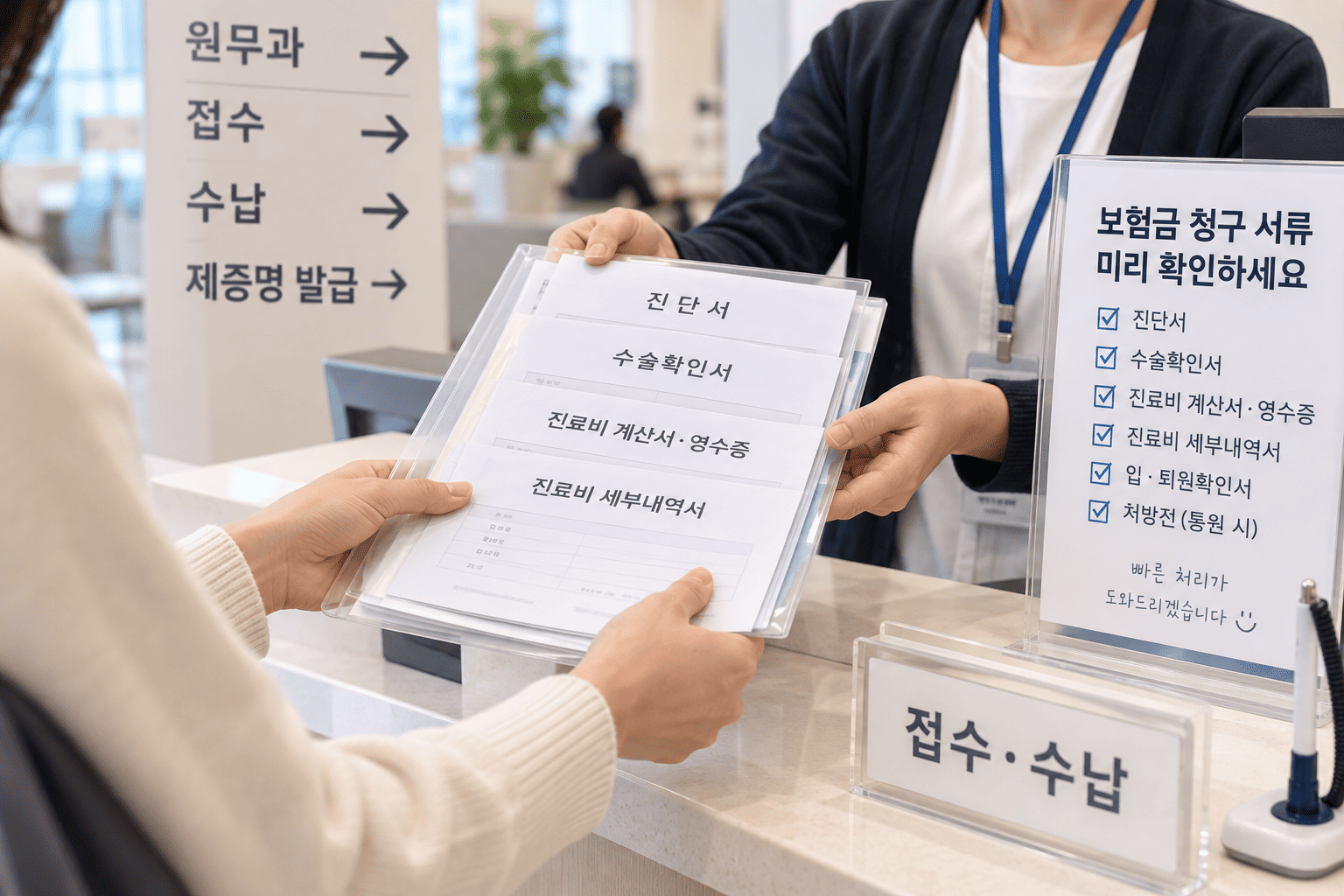 입원 통원 수술 보험금 청구서류를 병원에서 확인하는 모습