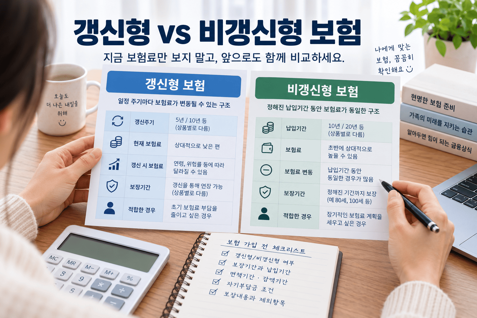 보험 가입 전 갱신형 비갱신형 보험료와 갱신주기를 비교하는 모습