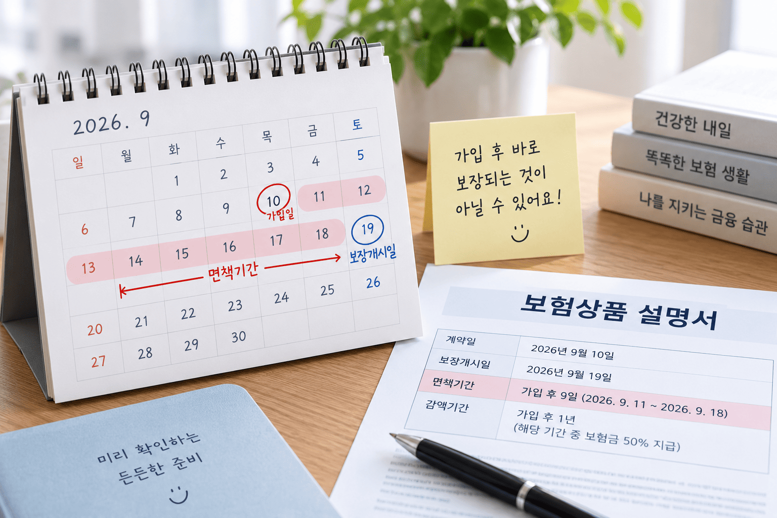 보험 가입 후 면책기간과 실제 보장개시일을 확인하는 모습