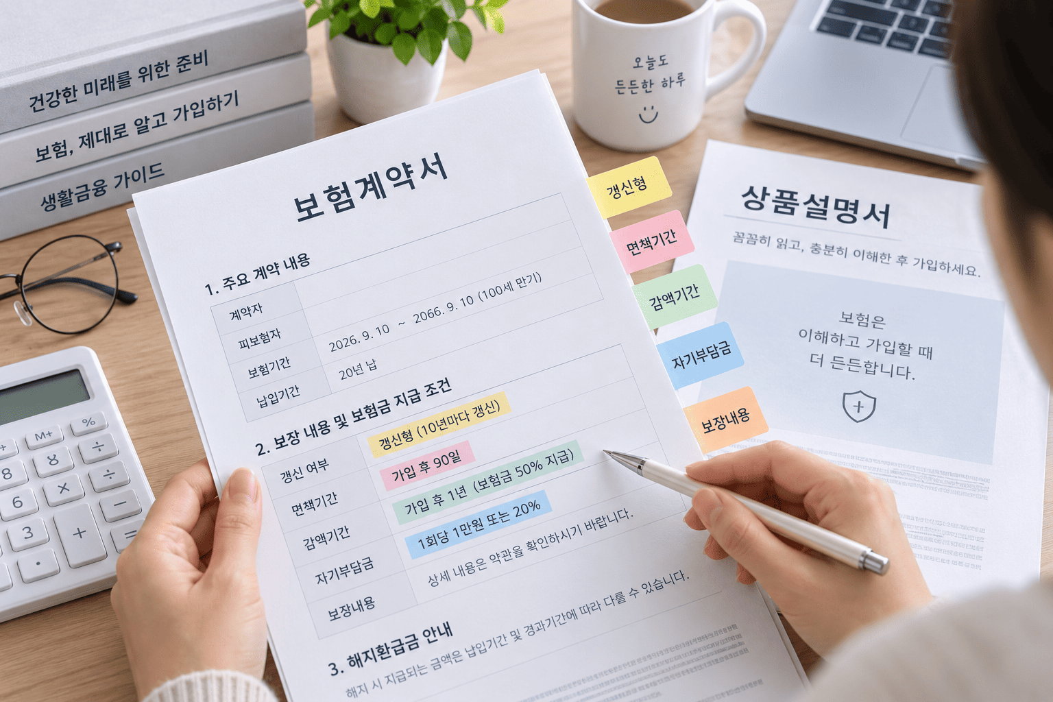 보험 가입 전 갱신형 면책기간 자기부담금과 약관을 확인하는 모습